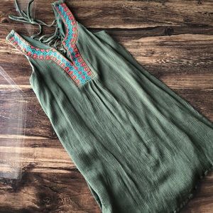 Forest Green Embroidered Tie Up Dress